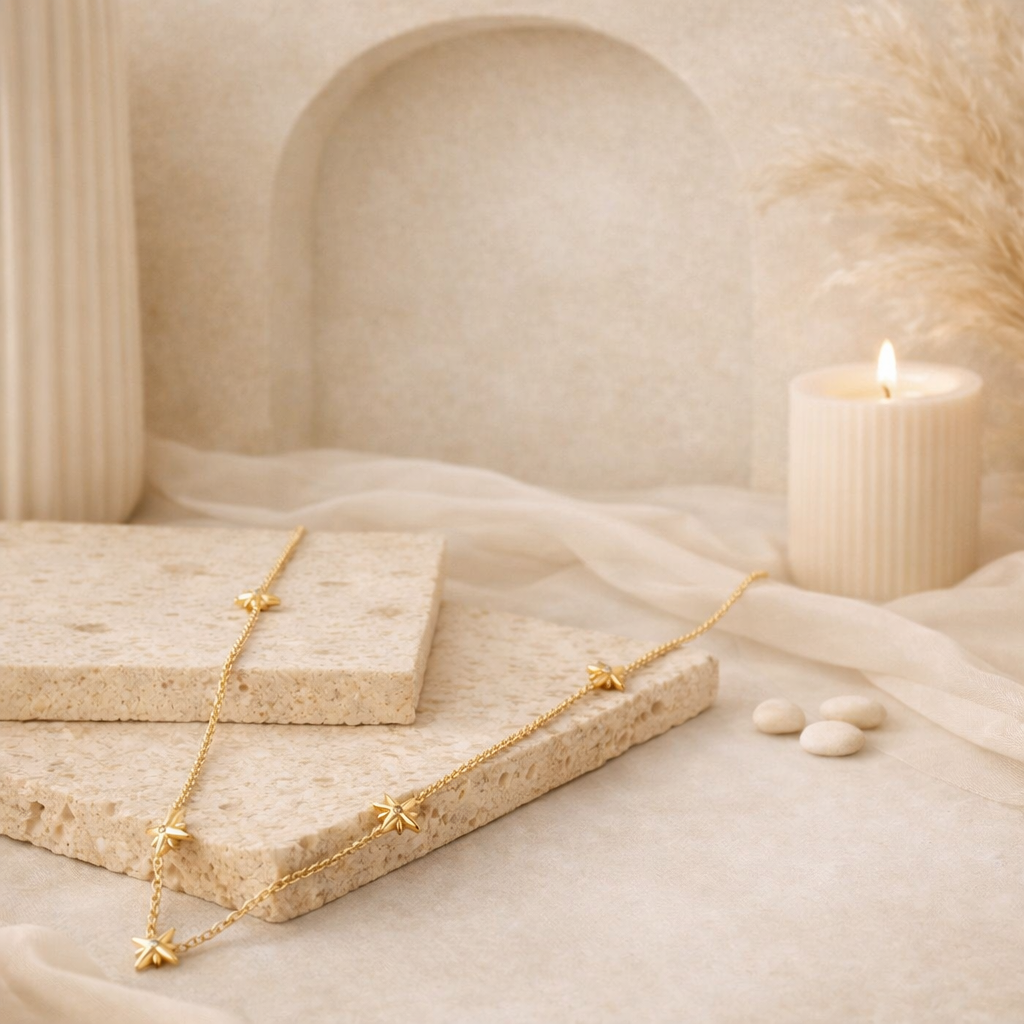 Elegant gold necklace with star cubic zirconia accents displayed on textured stone slabs, surrounded by a lit candle and soft fabric in a neutral setting, perfect for the Necklace collection.