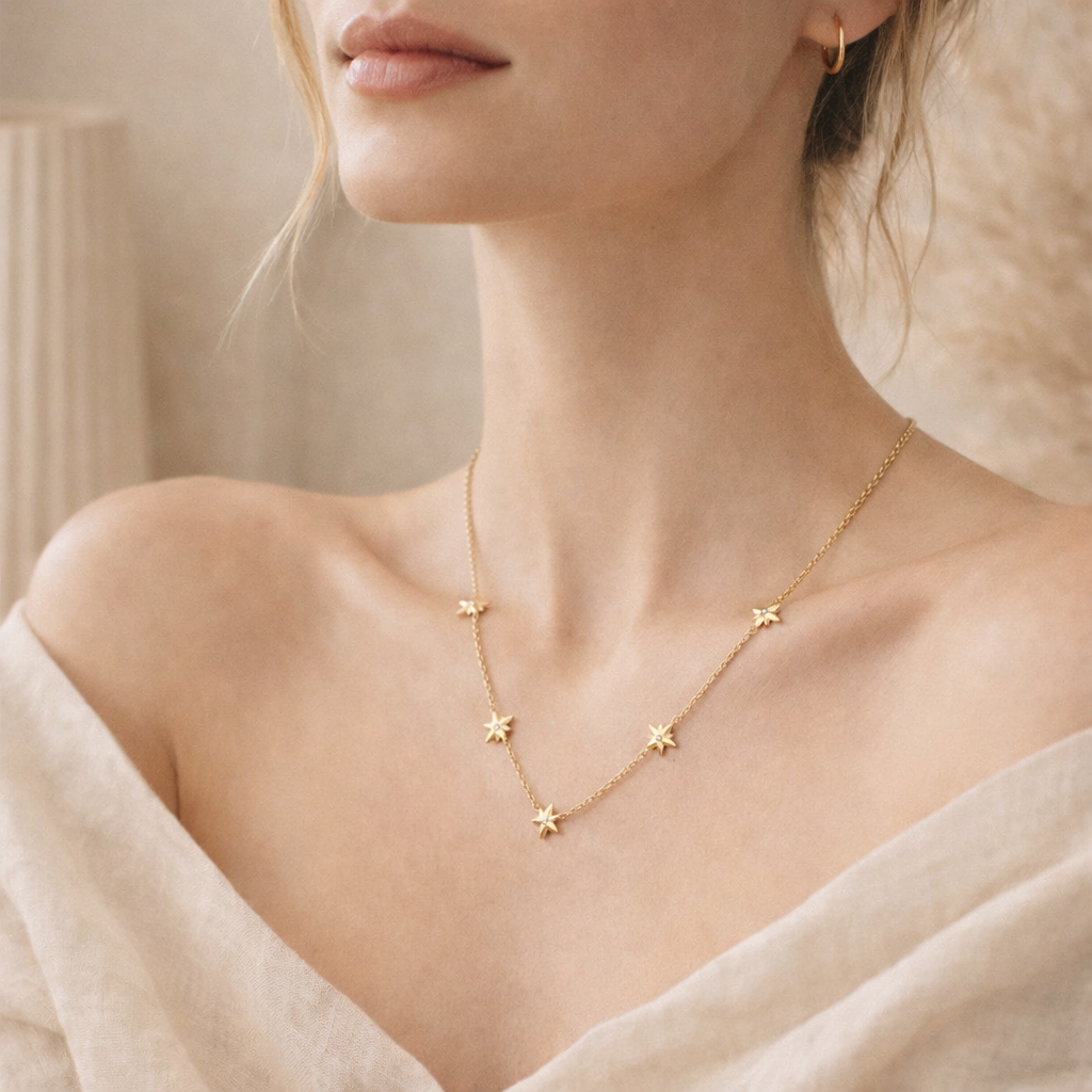 Delicate gold necklace featuring star-shaped cubic zirconia charms, styled elegantly on a model, perfect for adding sparkle to any outfit from the Necklace collection.