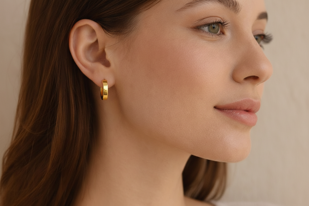 Close-up portrait of a woman wearing polished gold huggie earrings, showcasing elegant minimal design perfect for everyday wear within the earrings collection.