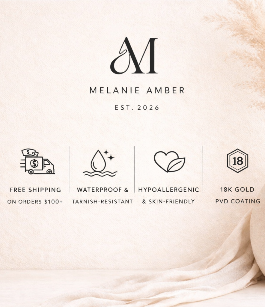Melanie Amber logo with icons highlighting free shipping, waterproof and tarnish-resistant, hypoallergenic and skin-friendly, and 18K gold PVD coating qualities, presented on a soft beige background.