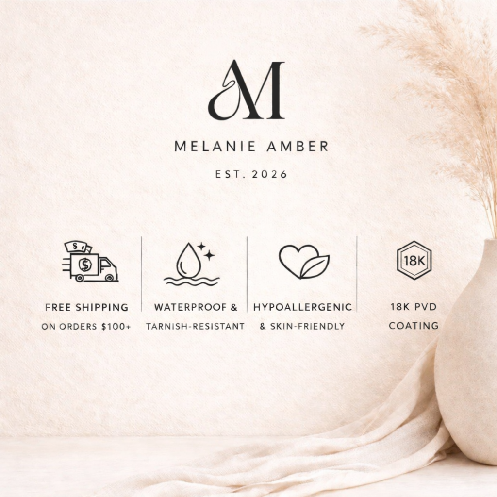 Melanie Amber logo with icons highlighting free shipping on orders over $100, waterproof and tarnish-resistant quality, hypoallergenic skin-friendly materials, and 18k PVD coating, displayed on a soft beige background.