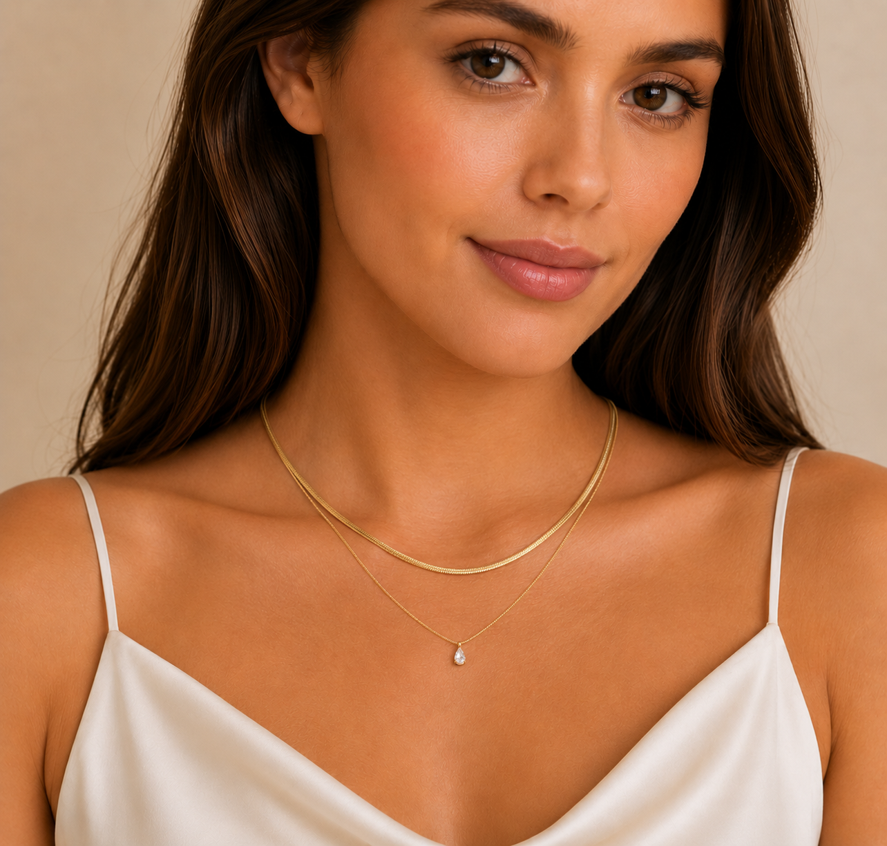 Close-up of a woman wearing two delicate gold necklaces from the Silver Collection, featuring a subtle raindrop crystal pendant and sleek layering perfect for everyday elegance.