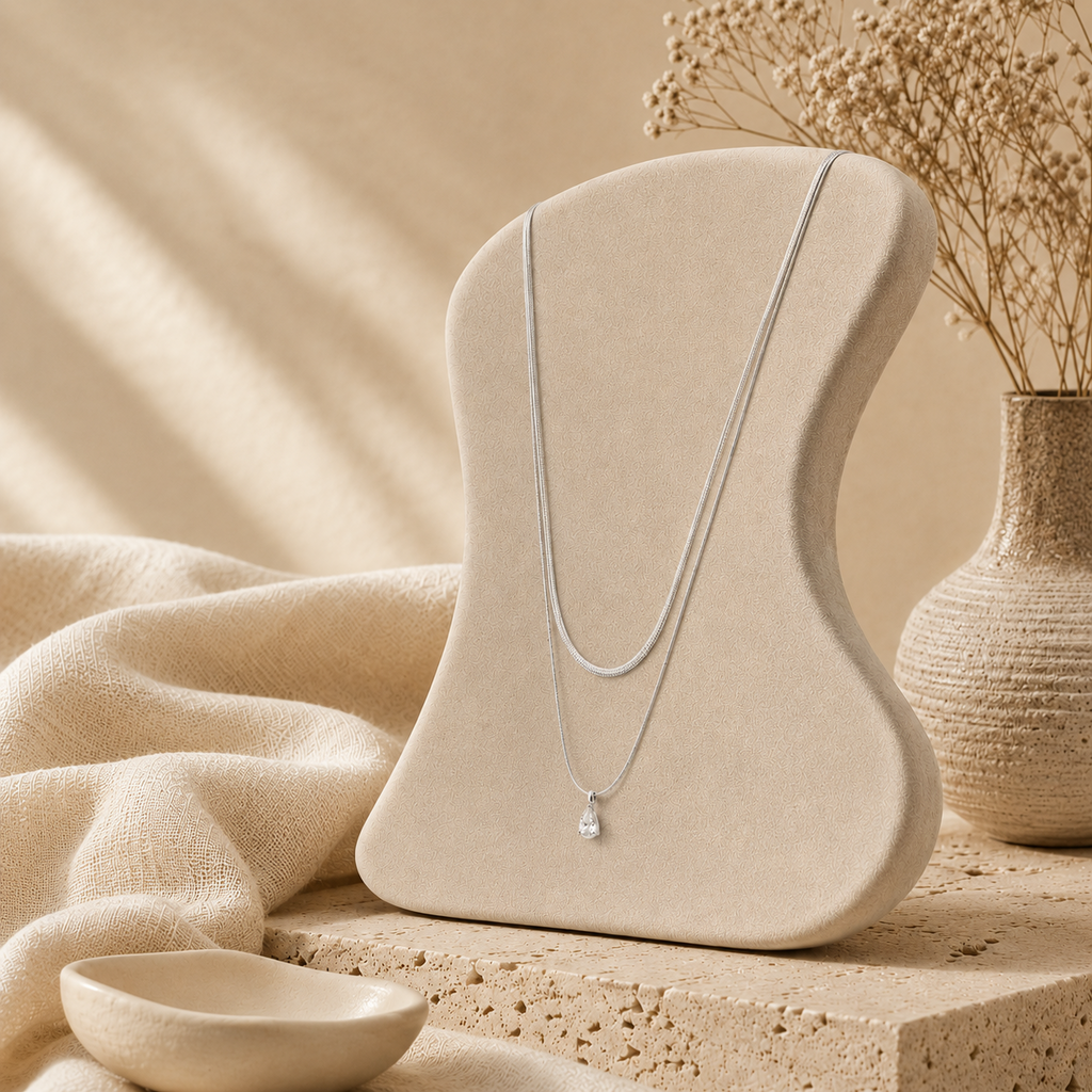 Delicate silver necklace from the Silver Collection featuring a raindrop-shaped crystal pendant, elegantly displayed on a beige stand with natural, minimalist décor.