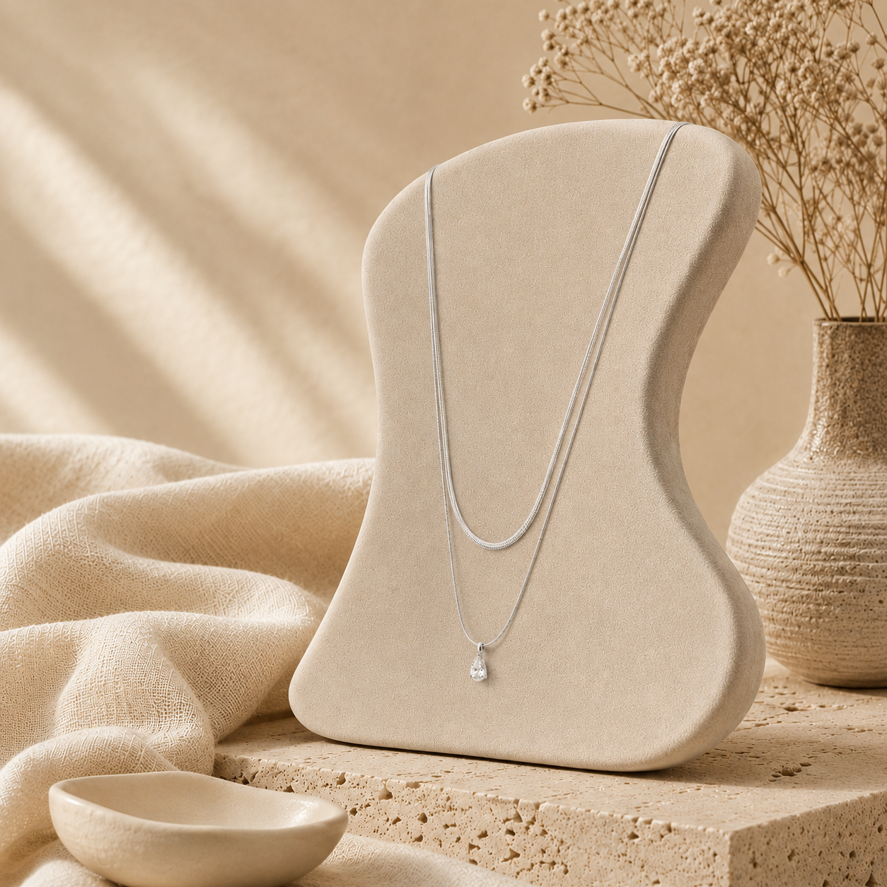 Delicate silver necklace from the Silver Collection featuring a raindrop-shaped crystal pendant, elegantly displayed on a beige stand with natural, minimalist décor.